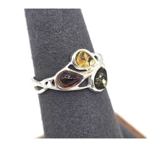 Natural Baltic Amber Tri-Color Ring Size 7 Sterling Silver 925 Handmade NWOT